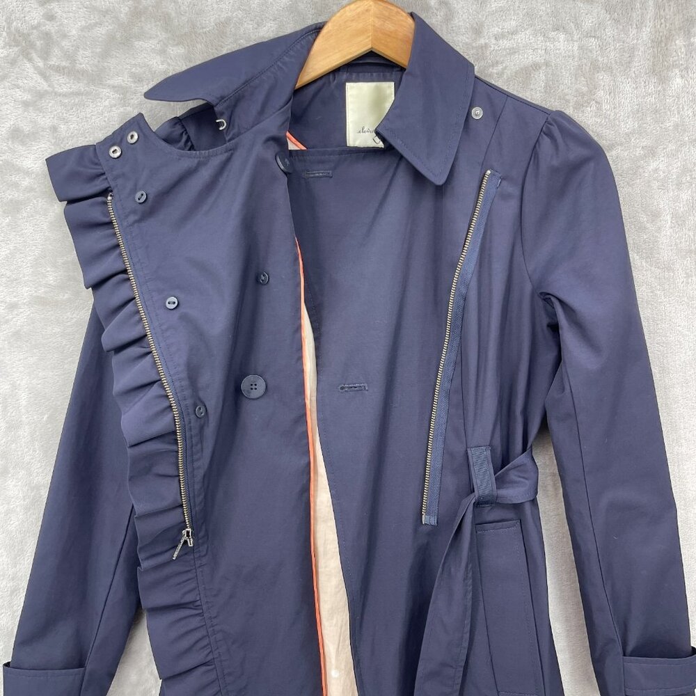 Elevenses Navy Ruffle Double Breasted Belted Mid Length Trench Coat - Picture 5 of 15